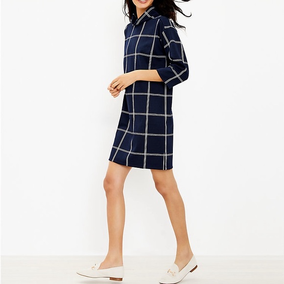 LOFT Dresses & Skirts - Ann Taylor LOFT Windowpane Funnel Neck Navy White Tunic Dress Sz: XS